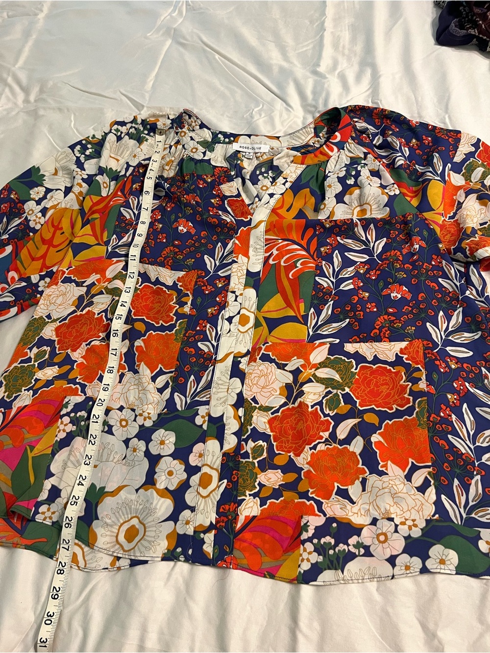 Rose & Olive Navy Floral Button-Front Women's Blouse - Orange & Green Print - Picture 3 of 5